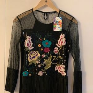 Desigual Black Floral Mesh Top Size Medium